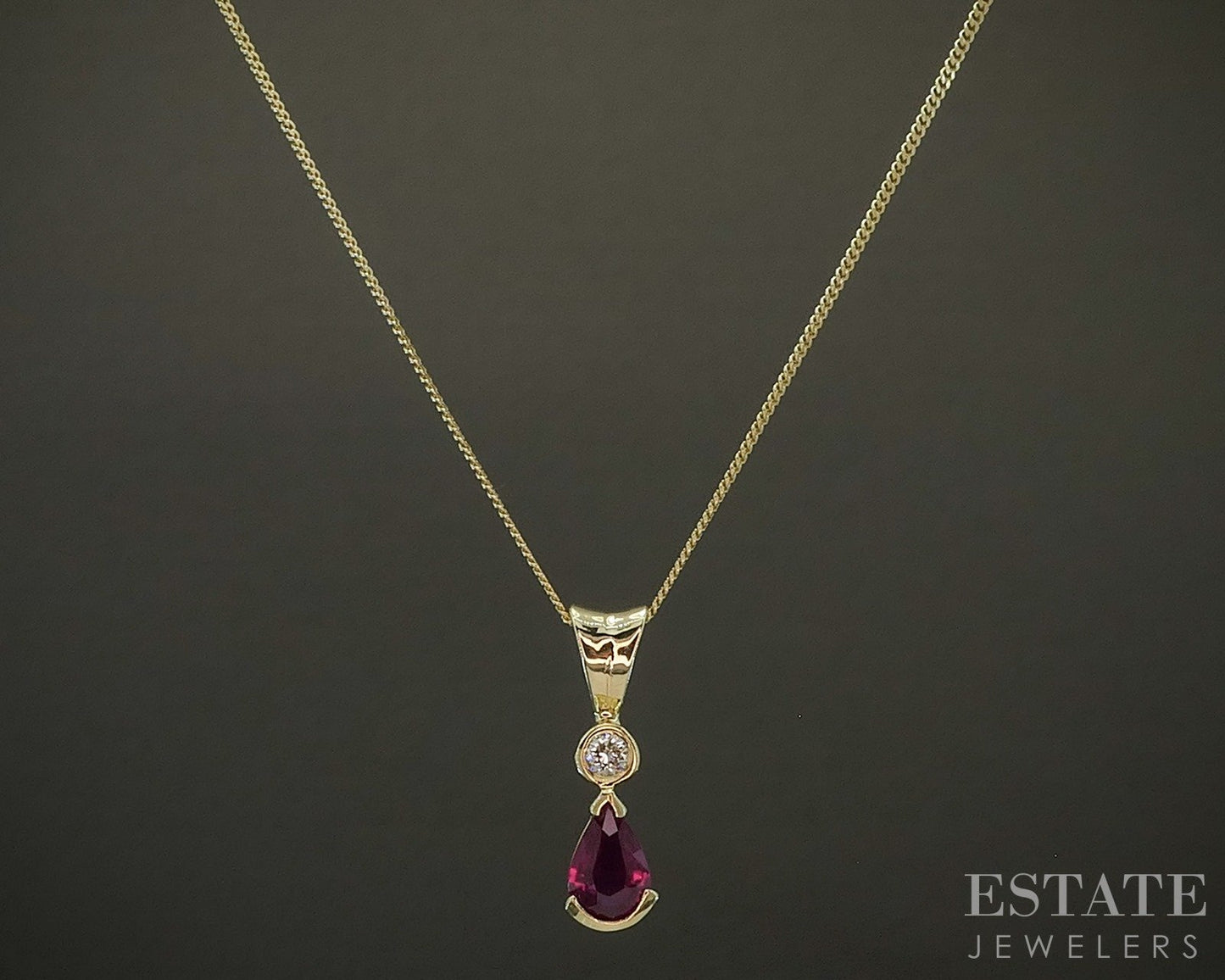 14k Yellow Gold Pear Natural Ruby & Diamond Ladies Necklace 2.7g 18"L p24070