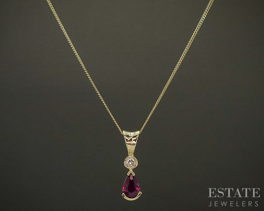 14k Yellow Gold Pear Natural Ruby & Diamond Ladies Necklace 2.7g 18"L p24070