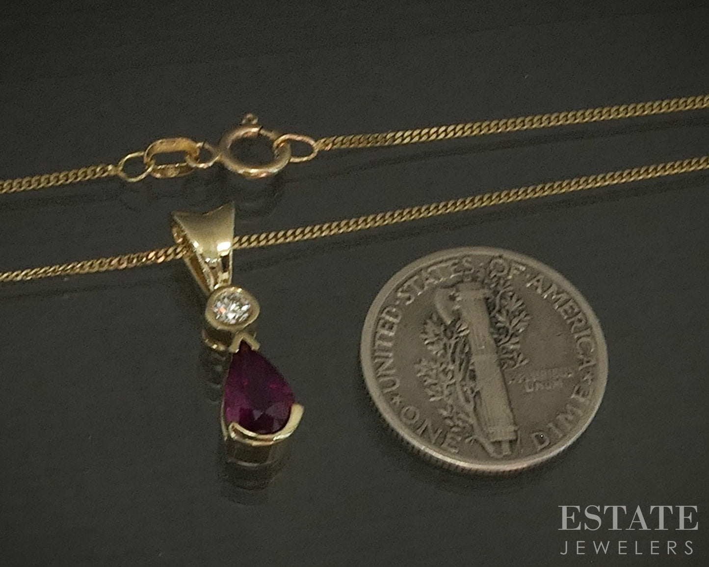 14k Yellow Gold Pear Natural Ruby & Diamond Ladies Necklace 2.7g 18"L p24070