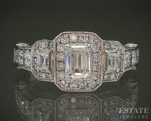 14k White Gold Emerald Natural 1.18ctw Diamond Halo Engagement Ring 6g p26060