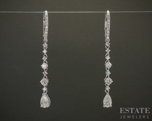 18k White Gold Pear Natural .90ctw Diamond Dangle Earrings 2.6g p25067
