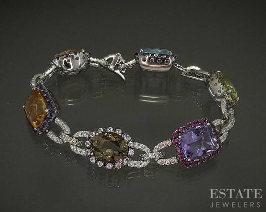 18k White Gold Natural Multi Gem & Diamond Ladies Bracelet 36g 7"L p21781