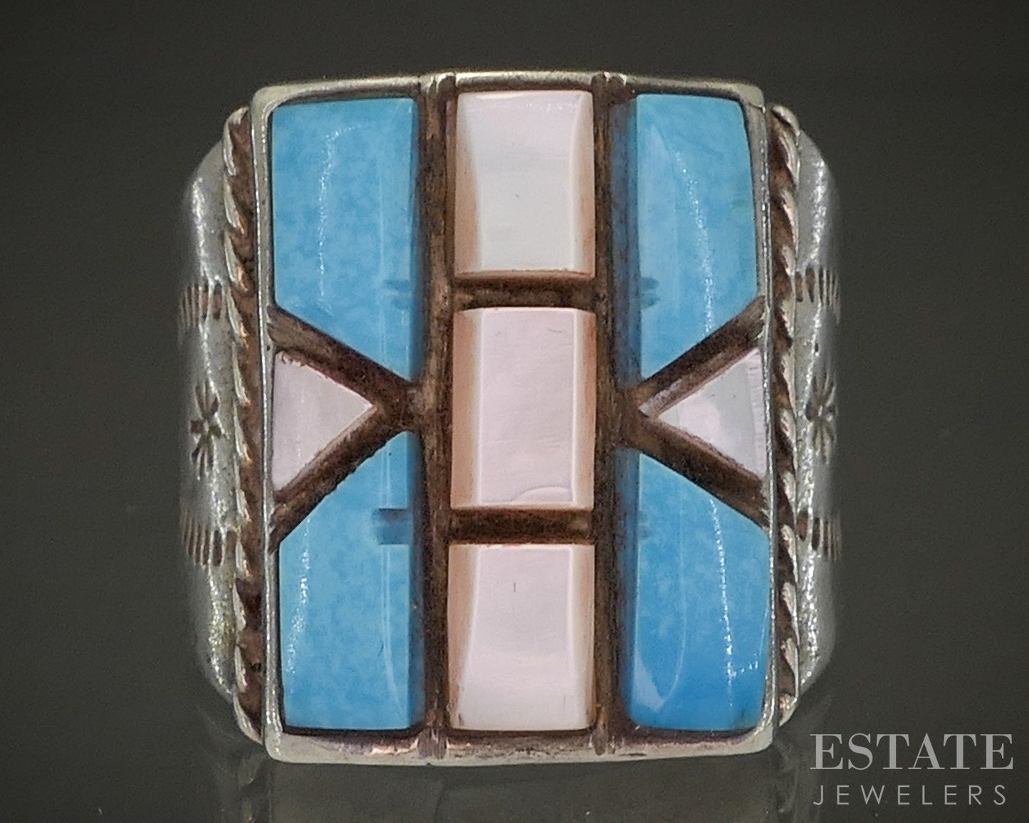 Vintage Sterling Turquoise & Mother of Pearl Navajo Mens Ring 16.8g p29130