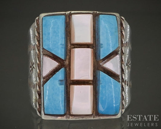 Vintage Sterling Turquoise & Mother of Pearl Navajo Mens Ring 16.8g p29130