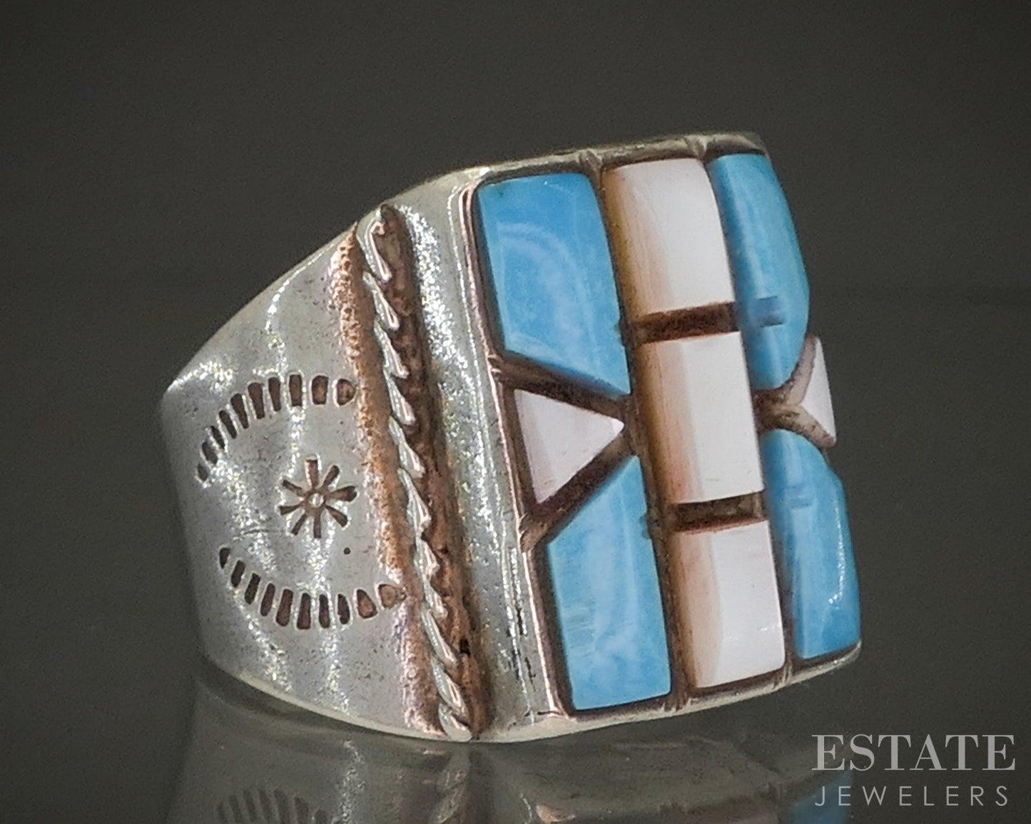 Vintage Sterling Turquoise & Mother of Pearl Navajo Mens Ring 16.8g p29130