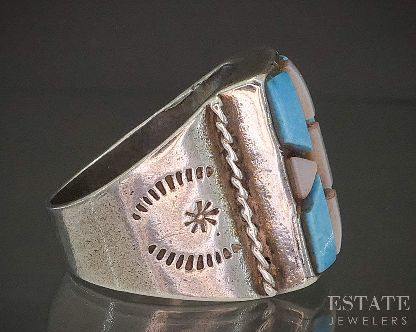 Vintage Sterling Turquoise & Mother of Pearl Navajo Mens Ring 16.8g p29130