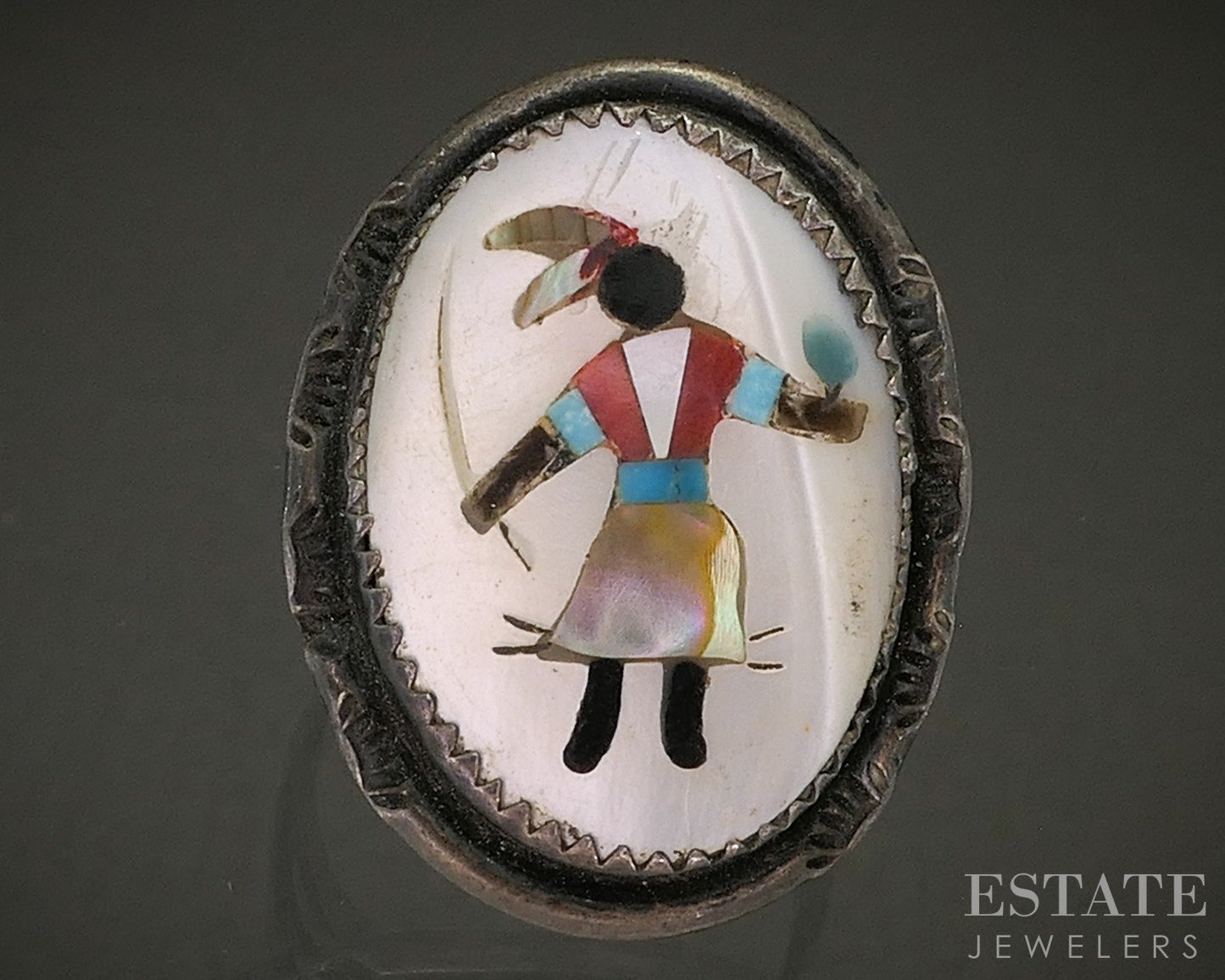 Vintage Sterling Natural Multi Gem Navajo Kachina Dancer Ring 6.7g p29131