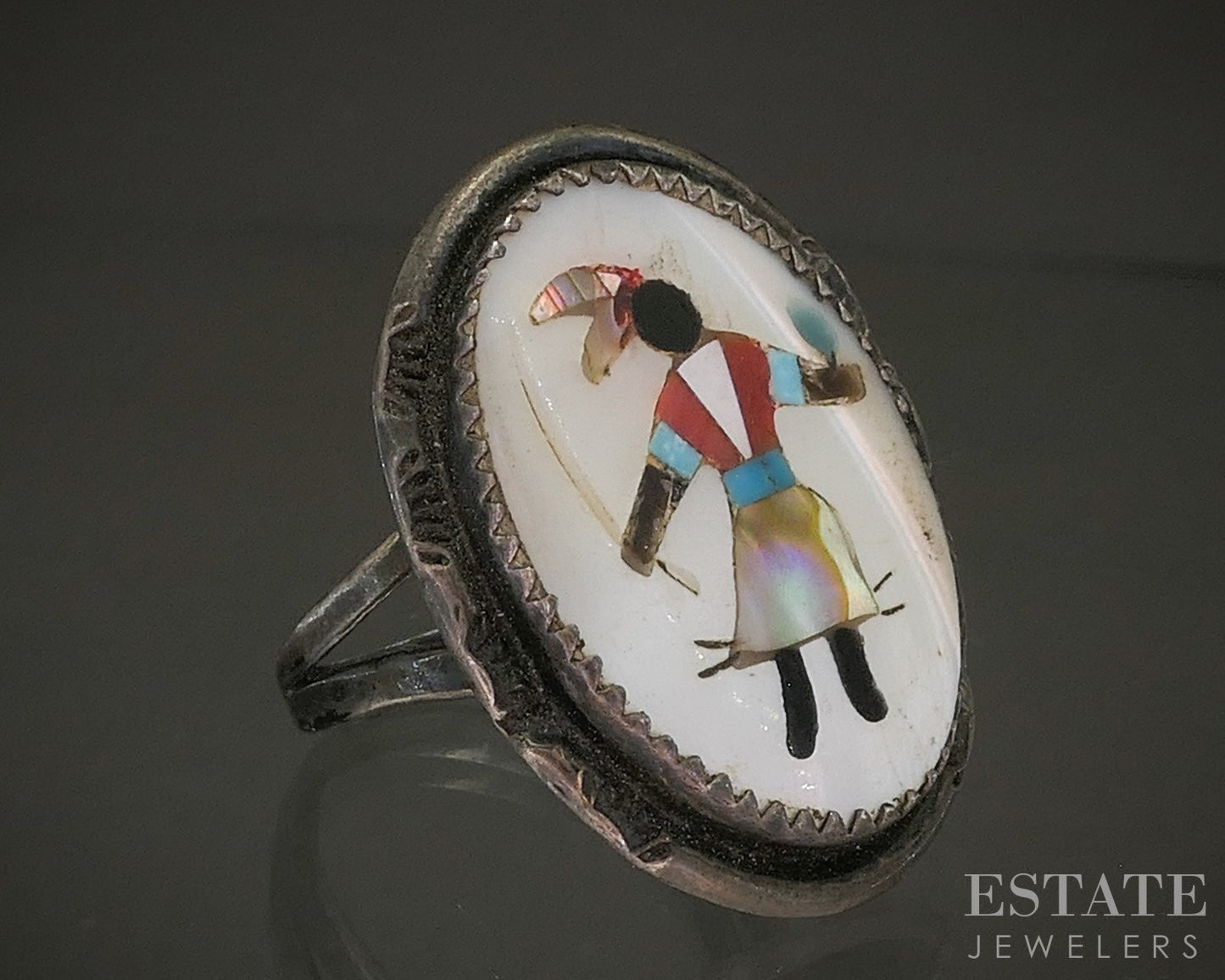 Vintage Sterling Natural Multi Gem Navajo Kachina Dancer Ring 6.7g p29131