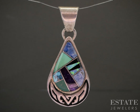 Vintage Sterling Multi Gem Navajo Calvin Begay TSF Ladies Pendant 5.5g p29132