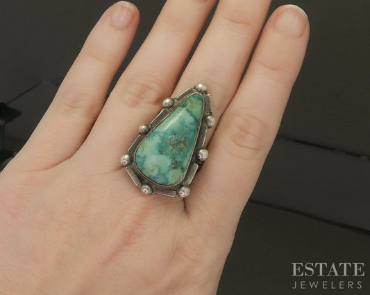 Vintage Sterling Natural Turquoise R. Begay Navajo Beaded Ring 15.8g p29133
