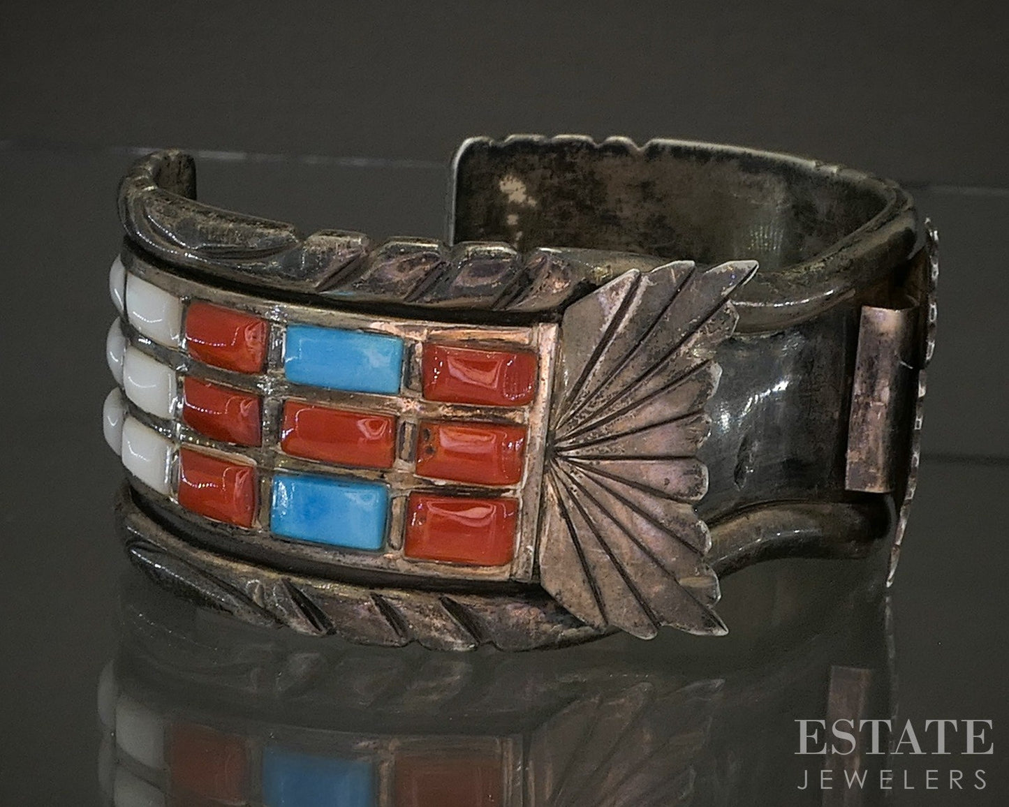 Vintage Sterling Multi Gem Cobble Set Navajo Signed Mens Watch Cuff 102g p29135