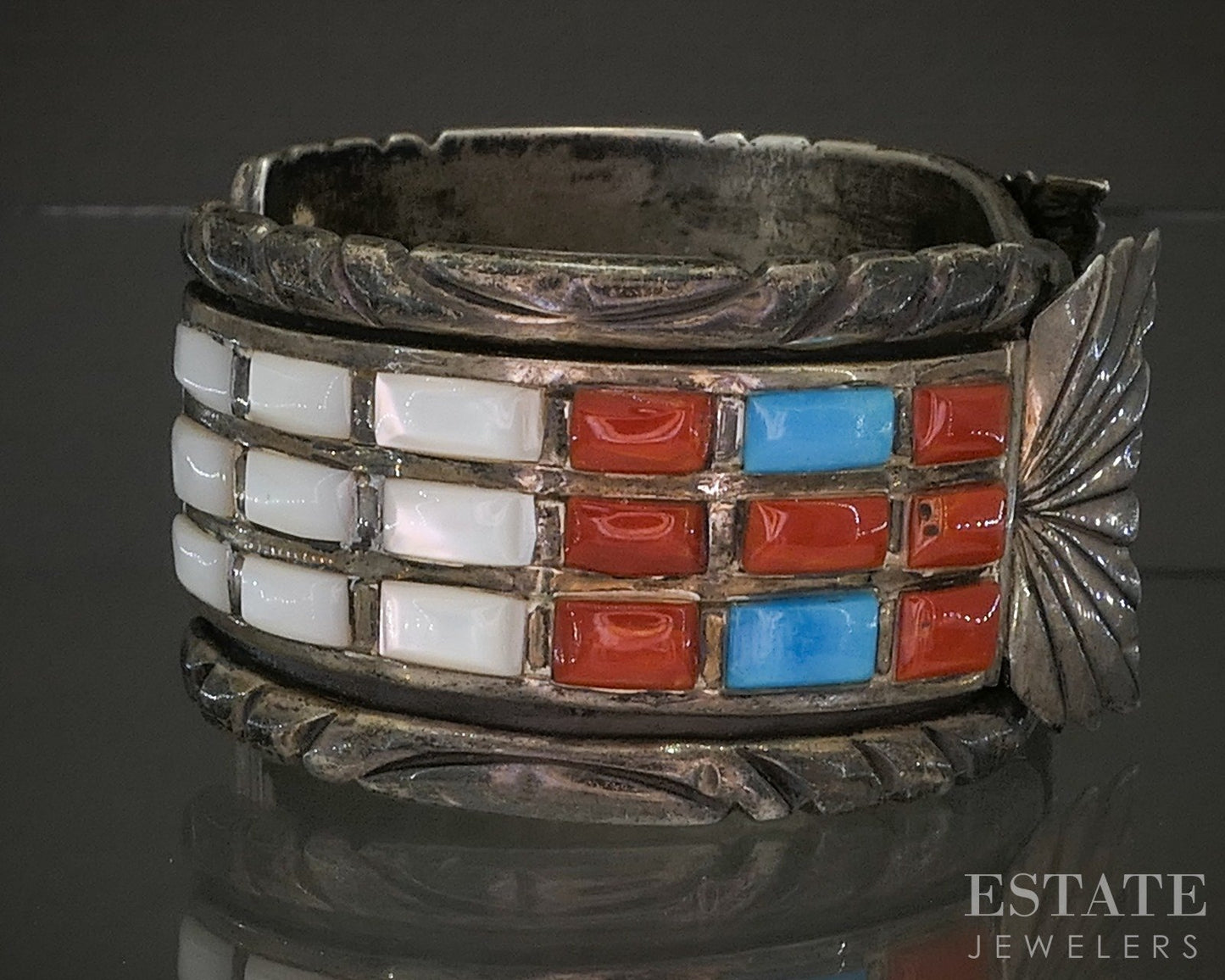 Vintage Sterling Multi Gem Cobble Set Navajo Signed Mens Watch Cuff 102g p29135