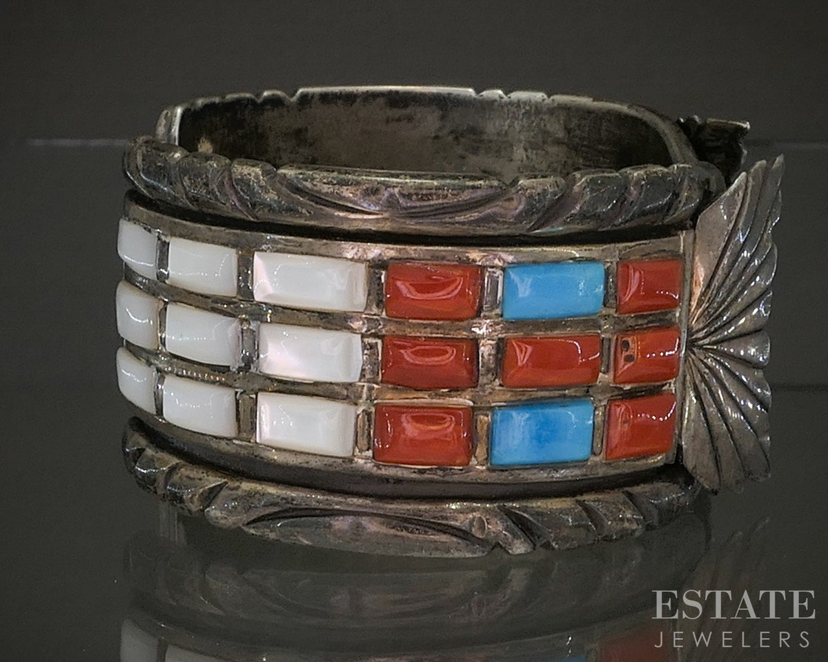 Sterling Multi Gem Cobble Set Navajo Gilbert Ortega Mens Watch Cuff 102g p29135