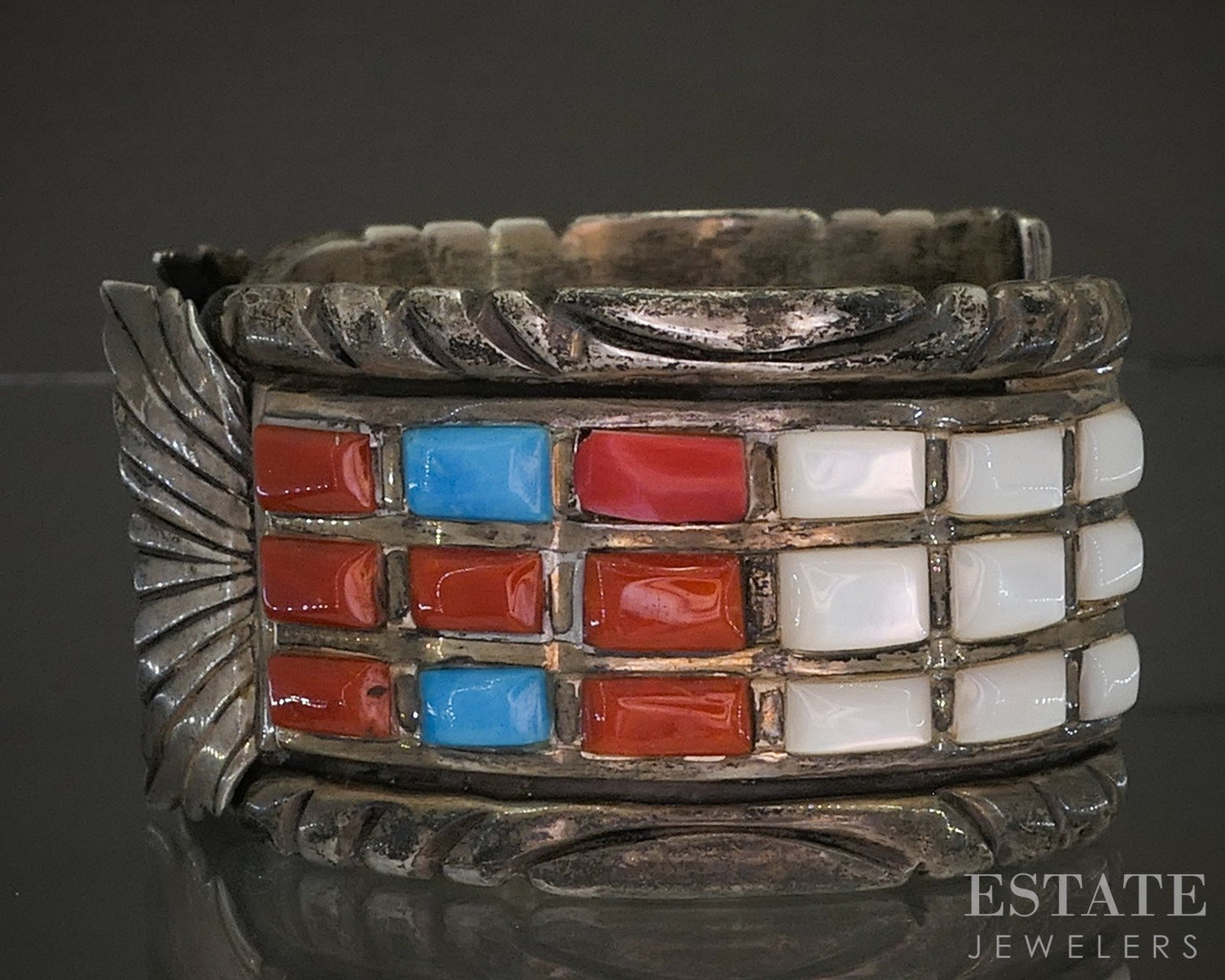 Vintage Sterling Multi Gem Cobble Set Navajo Signed Mens Watch Cuff 102g p29135