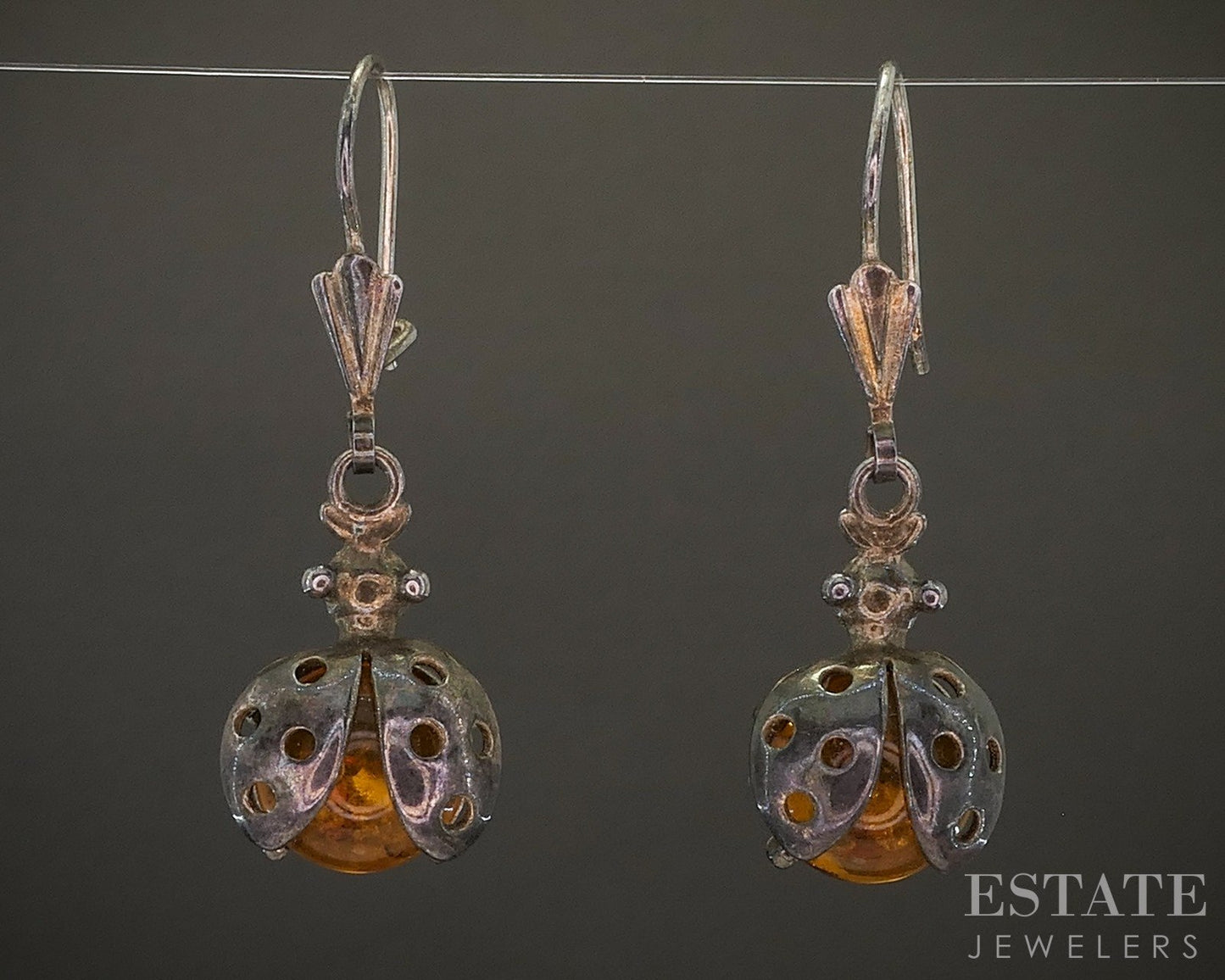 Vintage Sterling Natural Amber Ladybug Dangle Earrings 4.2g p29152