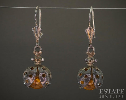 Vintage Sterling Natural Amber Ladybug Dangle Earrings 4.2g p29152