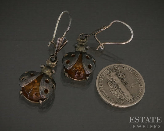 Vintage Sterling Natural Amber Ladybug Dangle Earrings 4.2g p29152
