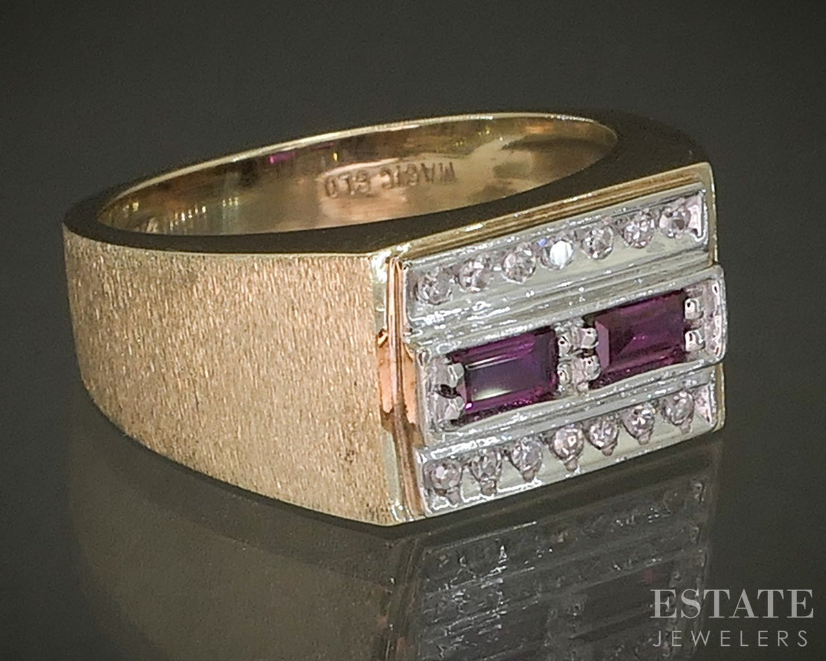 Vintage 14k Yellow Gold Natural Ruby & Diamond Mens Band Ring 7.2g p27490