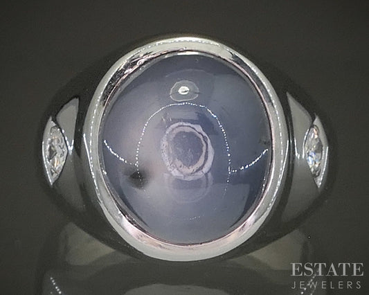 14k White Gold Natural 15ct Blue Star Sapphire & Diamond Ring 20.9g p27501