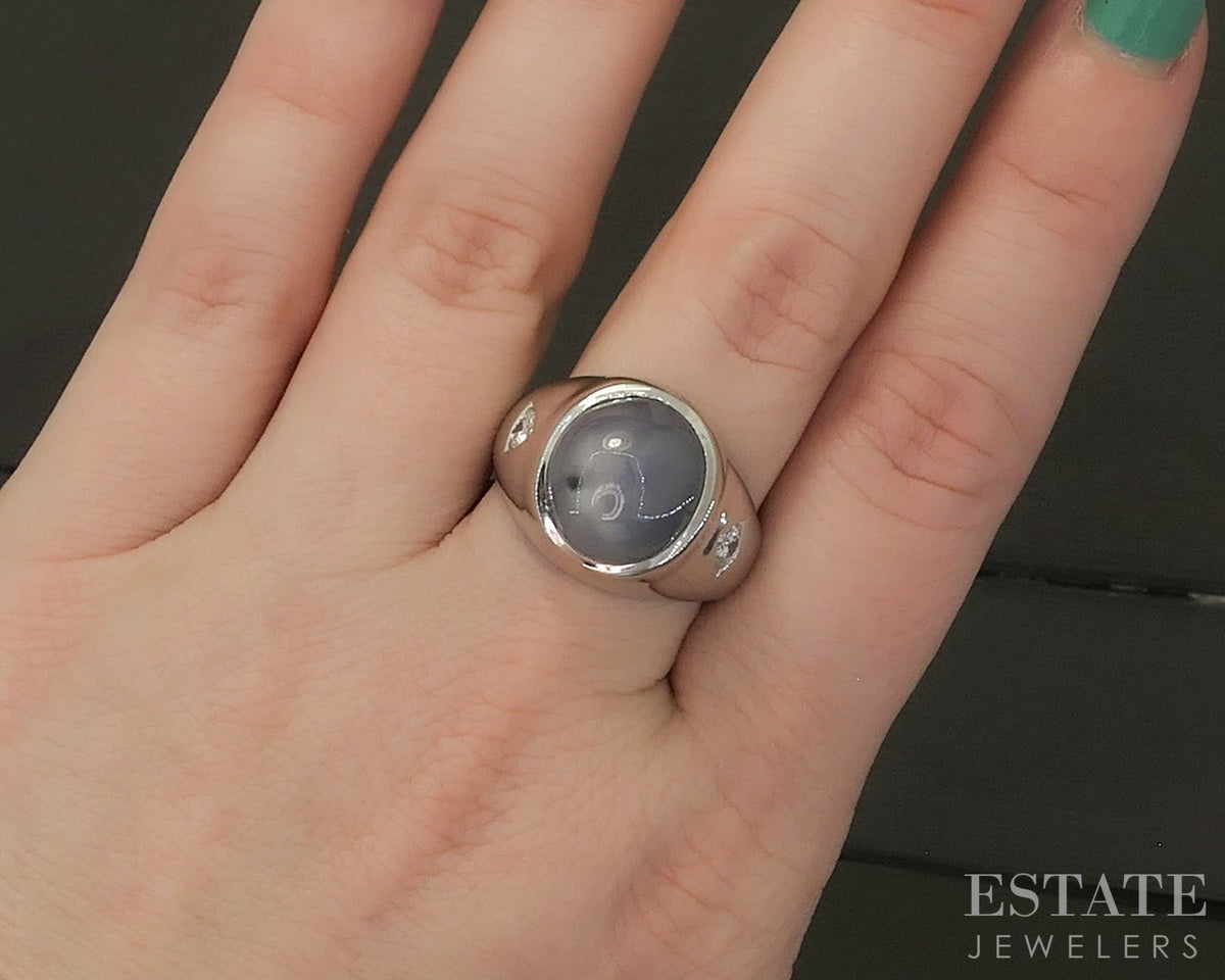 14k White Gold Natural 15ct Blue Star Sapphire & Diamond Ring 20.9g p27501