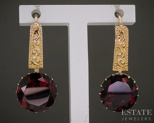 14k Yellow Gold Round Natural Garnet Scroll Drop Earrings 3.2g p26090