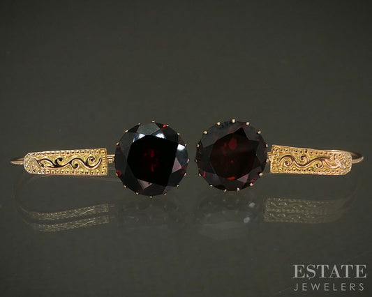 14k Yellow Gold Round Natural Garnet Scroll Drop Earrings 3.2g p26090