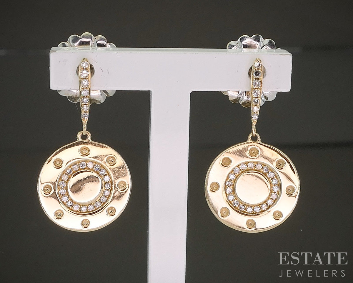 14k Yellow Gold Natural Diamond Circle Button Dangle Earrings 3.6g p27271