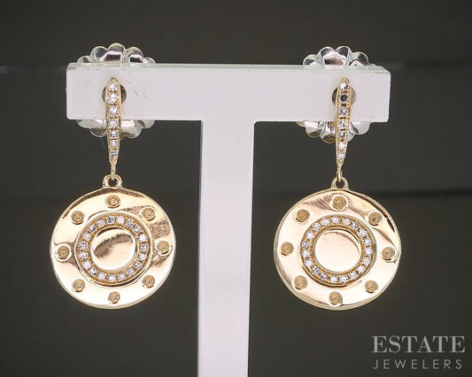 14k Yellow Gold Natural Diamond Circle Button Dangle Earrings 3.6g p27271