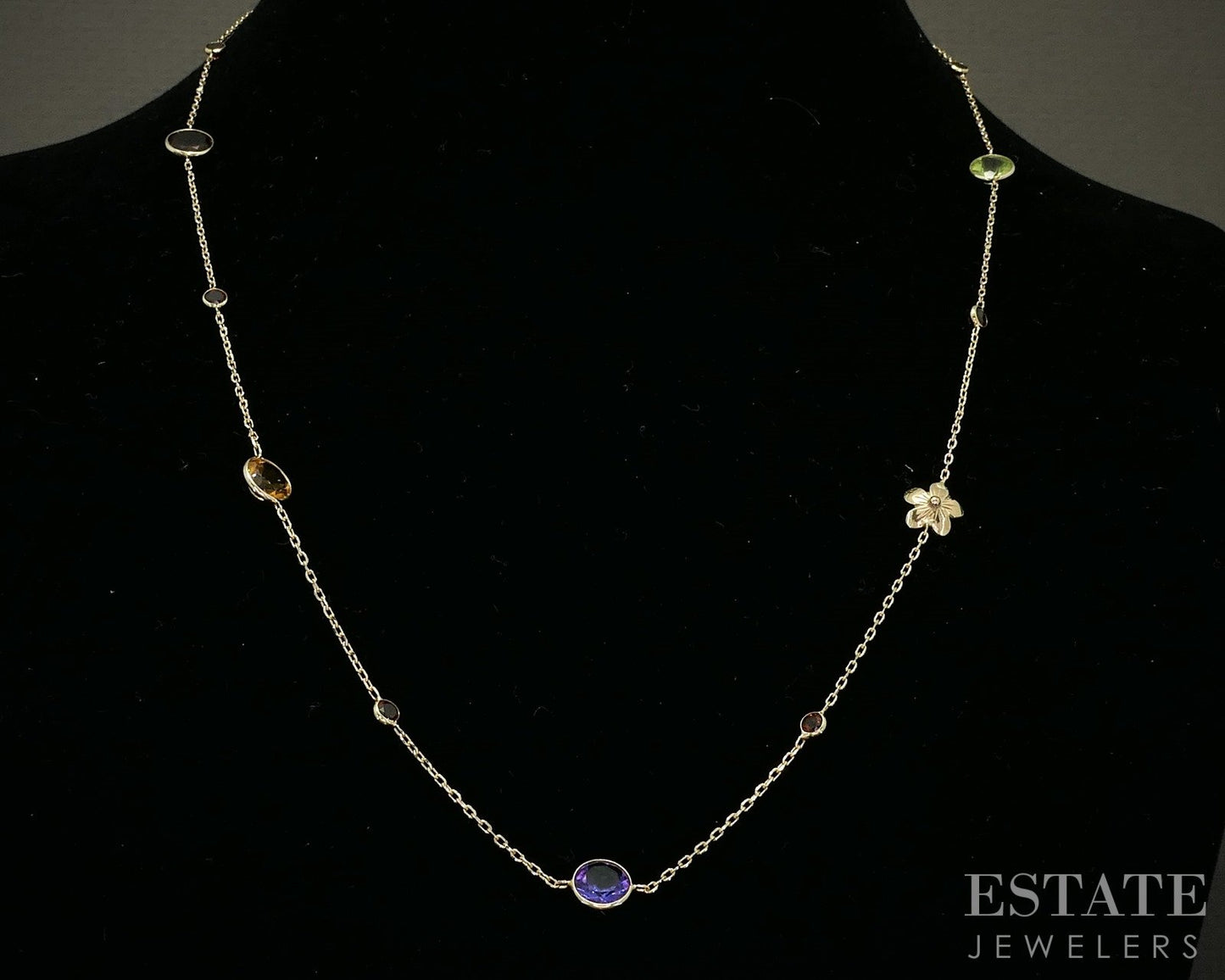14k Yellow Gold Natural Multi Gem Flower Station Necklace 3.6g 19"L p27272