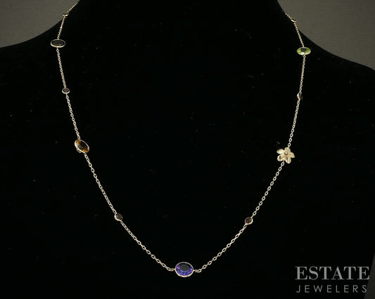 14k Yellow Gold Natural Multi Gem Flower Station Necklace 3.6g 19"L p27272