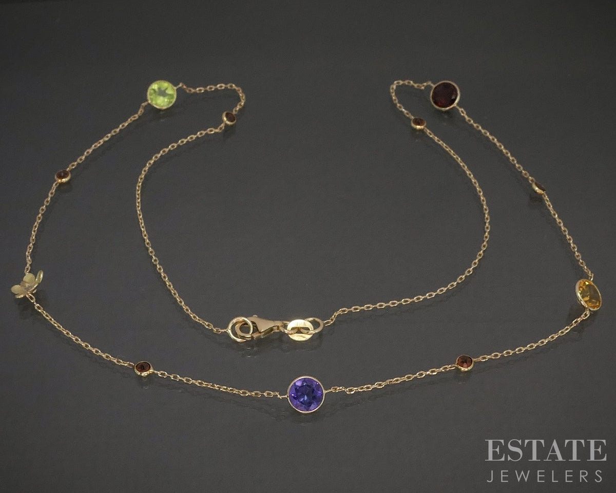14k Yellow Gold Natural Multi Gem Flower Station Necklace 3.6g 19"L p27272