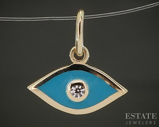 14k Yellow Gold CZ Blue Enameled Evil Eye Charm p29513