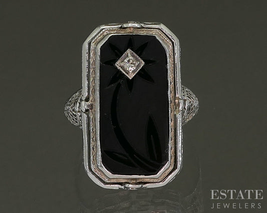 Antique 14k White Gold Cameo Onyx & Diamond Reversible Ring 4.9g p25577b