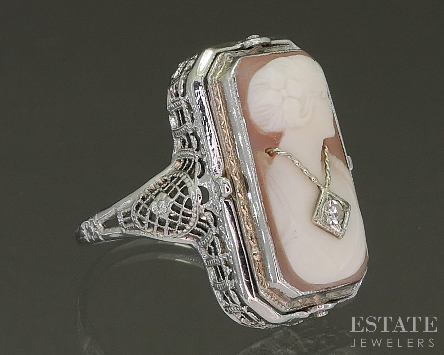 Antique 14k White Gold Cameo Onyx & Diamond Reversible Ring 4.9g p25577b