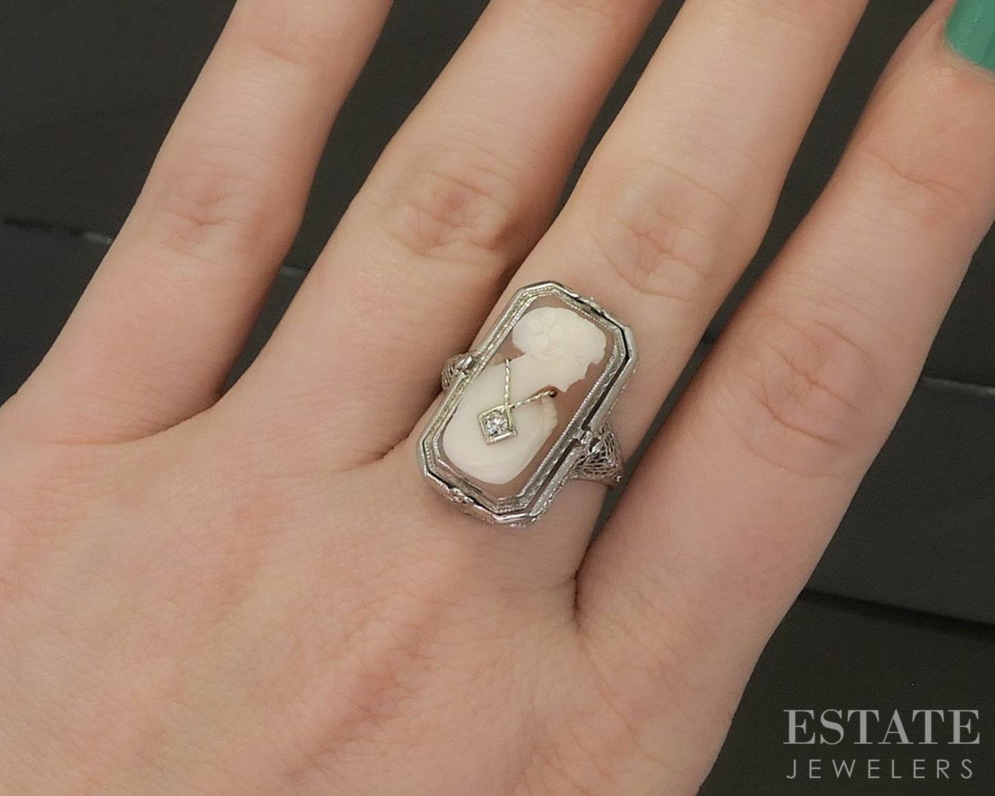 Antique 14k White Gold Cameo Onyx & Diamond Reversible Ring 4.9g p25577b