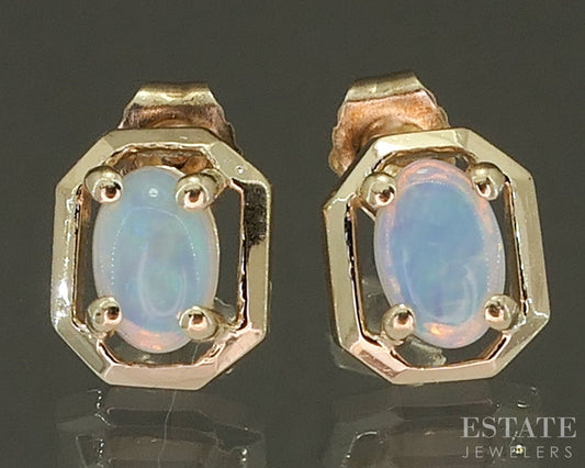 14k Yellow Gold Oval Natural Opal Stud Earrings 1.7g p26951b
