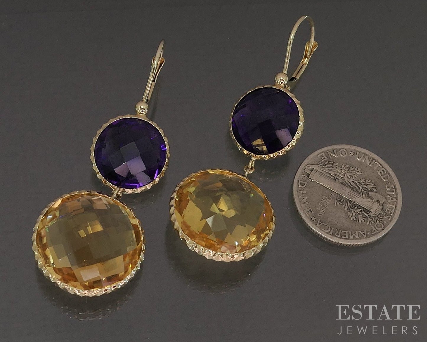 14k Yellow Gold Natural Amethyst & Citrine Dangle Earrings 8.9g p26495b