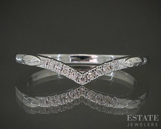 14k White Gold .04ctw Natural Diamond V-Contour Wedding Band Ring p29601