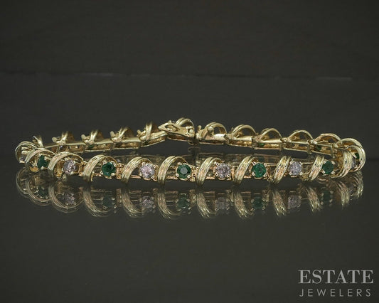14k Yellow Gold Natural Emerald & Diamond Tennis Bracelet 16.3g 7.25"L p27332b