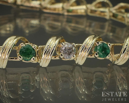 14k Yellow Gold Natural Emerald & Diamond Tennis Bracelet 16.3g 7.25"L p27332b