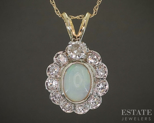Antique 14k Yellow Gold Natural Opal & Diamond Necklace 2.4g 18"L p25858b
