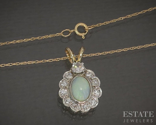 Antique 14k Yellow Gold Natural Opal & Diamond Necklace 2.4g 18"L p25858b
