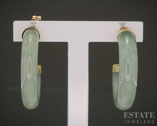14k Yellow Gold Carved Natural Green Jade Hoop Ladies Earrings 3.1g p25266b