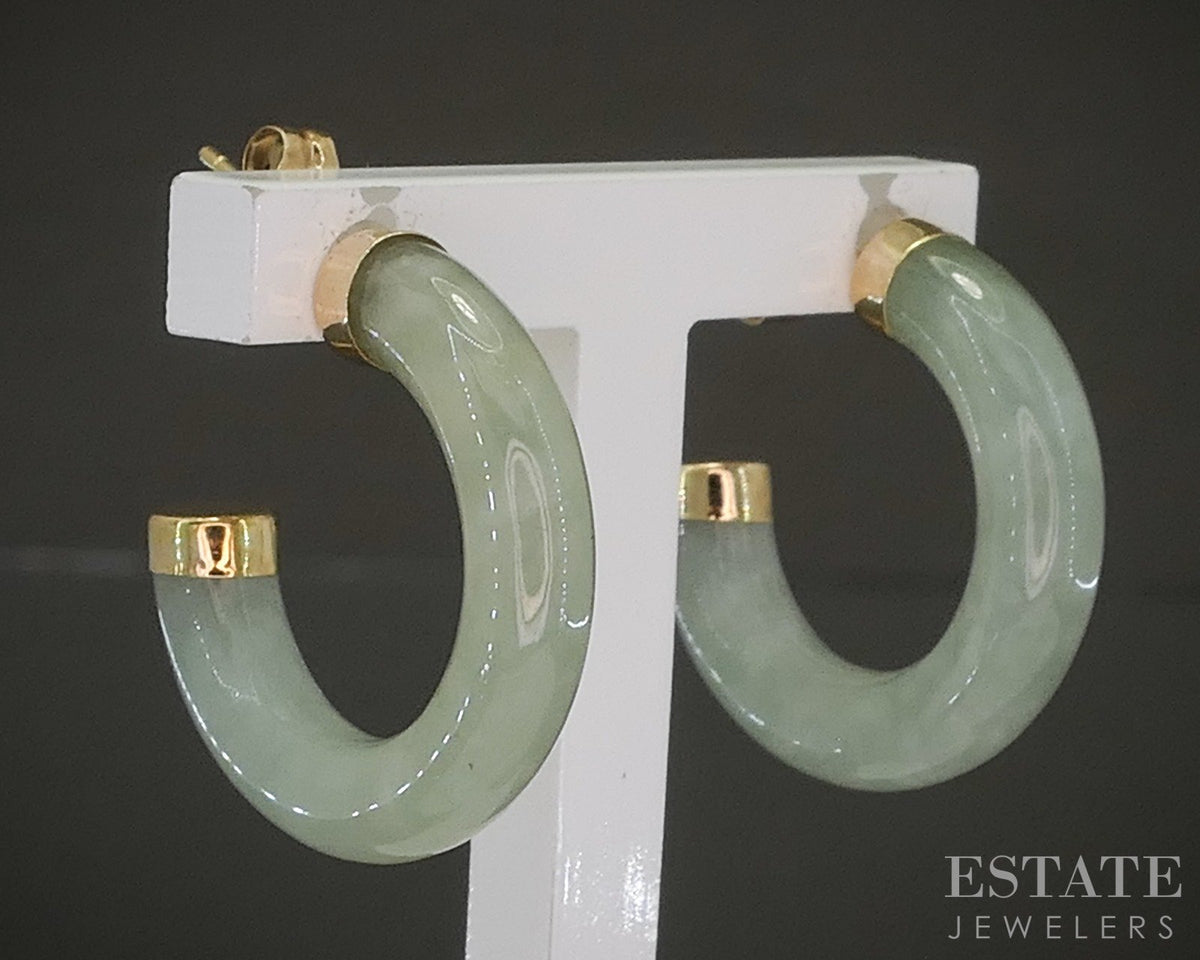14k Yellow Gold Carved Natural Green Jade Hoop Ladies Earrings 3.1g p25266b