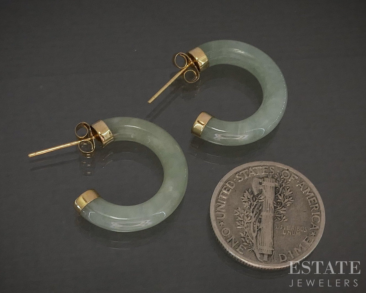 14k Yellow Gold Carved Natural Green Jade Hoop Ladies Earrings 3.1g p25266b