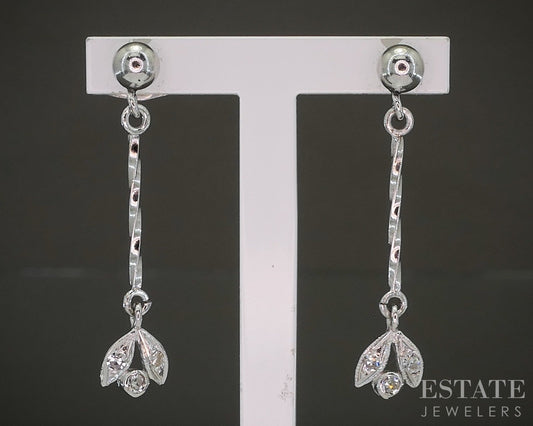 Vintage 14k White Gold Leaf Natural .05ctw Diamond Dangle Earrings 1.4g p27534b