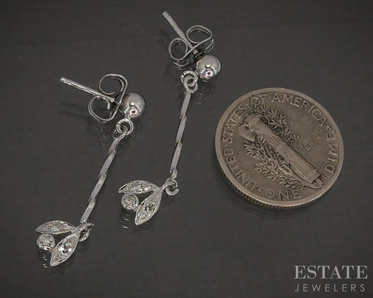 Vintage 14k White Gold Leaf Natural .05ctw Diamond Dangle Earrings 1.4g p27534b