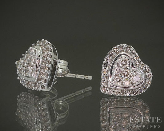 10k White Gold Natural .15ctw Diamond Cluster Heart Stud Earrings 1.8g p24634b