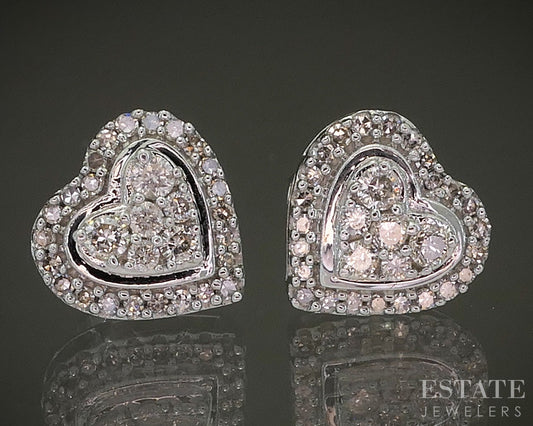 10k White Gold Natural .15ctw Diamond Cluster Heart Stud Earrings 1.8g p24634b
