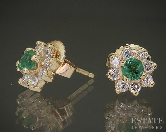 14k Yellow Gold Natural Emerald & Diamond Cluster Halo Stud Earrings p24629b